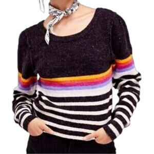 Free People Black Complete Me Rainbow Stripe Alpaca Pullover Sweater Size XS